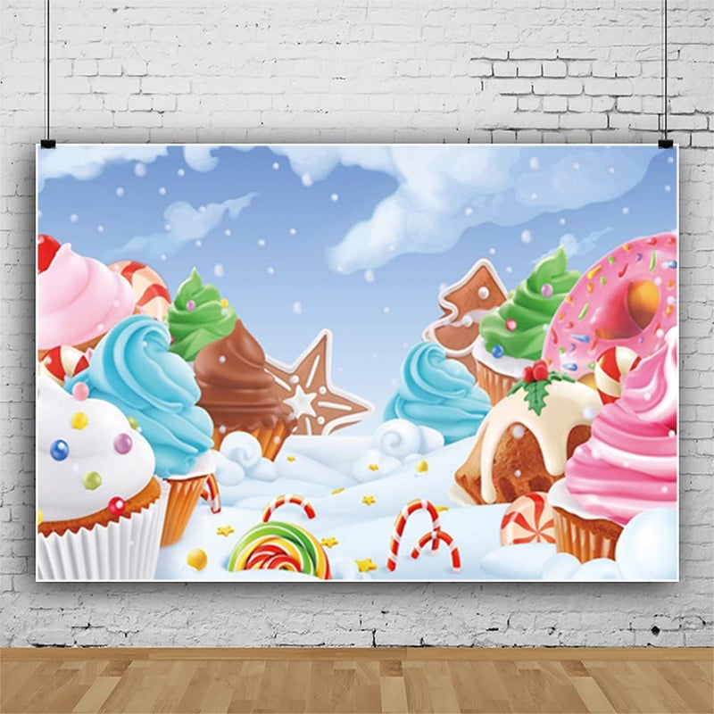 Renaiss 5x3ft Winter Candyland Backdrop Cartoon Sweet Dessert Ice Cream Cupcakes Donut Lollipop Snow Photography Background Kids Baby Shower Candy Theme Birthday Party Decor Photo Studio Props - Image 3